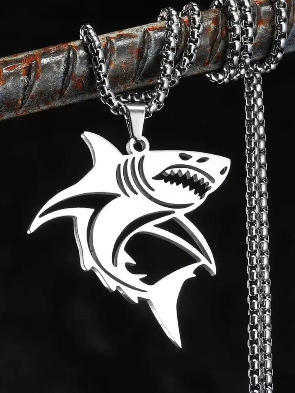 Stainless Steel Punk Fierce Shark Hollow Pendant Necklace
